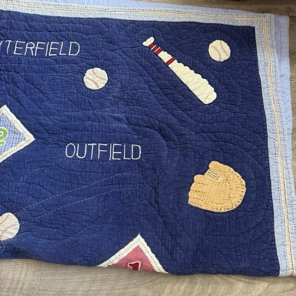 Full Pottery Barn Kids Baseball Field Cotton Corduroy Quilt Home Run Appliqué